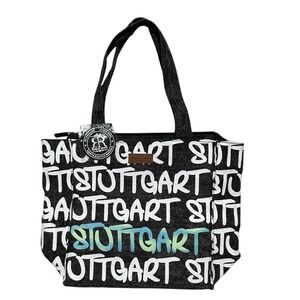 ROBIN RUTH Stuttgart Canvas Tote Bag Black White Aqua Graffiti 100% Cotton NWT